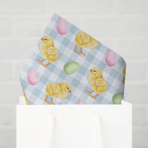Watercolor Chick And Eggs On Blue Gingham Pattern Tissue Paper
