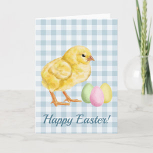 Watercolor Chick And Eggs On Blue Happy Easter Card