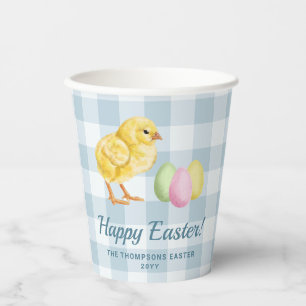 Watercolor Chick And Eggs On Blue Happy Easter Paper Cups