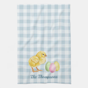 Watercolor Chick And Eggs On Blue With Name Tea Towel