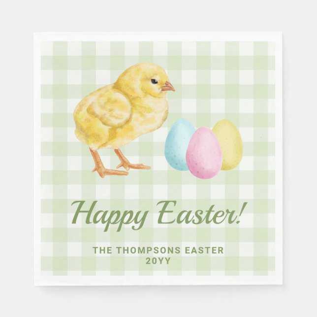 Watercolor Chick And Eggs On Green Happy Easter Napkin (Front)