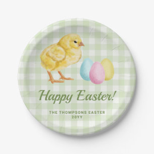 Watercolor Chick And Eggs On Green With Text Paper Plate