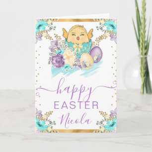 Watercolor Chick and Flowers Happy Easter Card