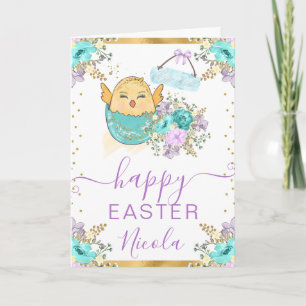 Watercolor Chick and Flowers Happy Easter Card
