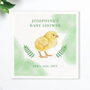 Watercolor Chick And Green Leaves Baby Shower Napkin
