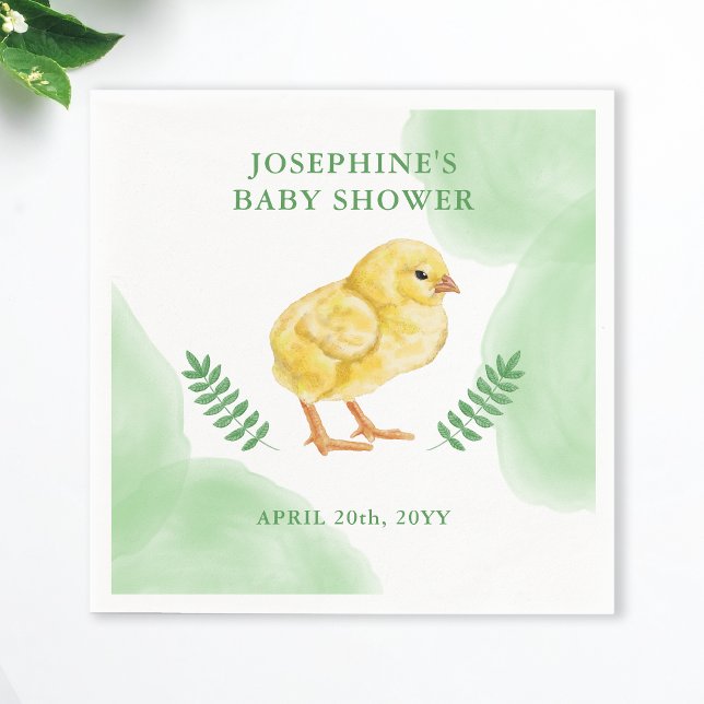 Watercolor Chick And Green Leaves Baby Shower Napkin (Creator Uploaded)