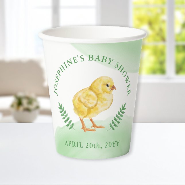 Watercolor Chick And Green Leaves Baby Shower Paper Cups (Creator Uploaded)
