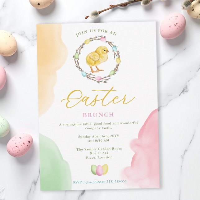 Watercolor Chick And Pastel Wreath Easter Brunch Invitation (Creator Uploaded)