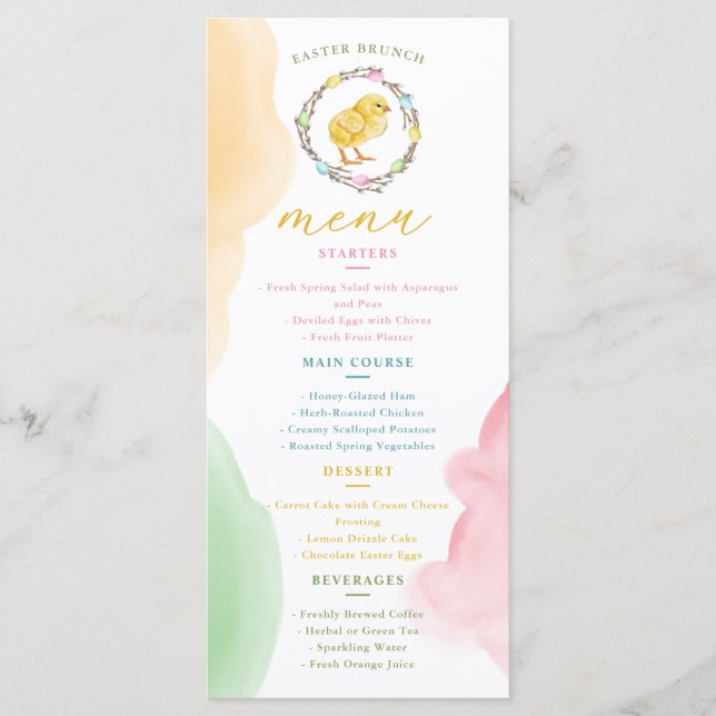 Watercolor Chick And Pastel Wreath Easter Brunch Menu (Front)
