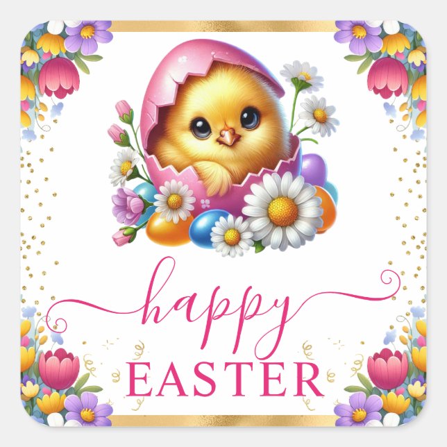 Watercolor Chick Spring Flowers Happy Easter Square Sticker (Front)