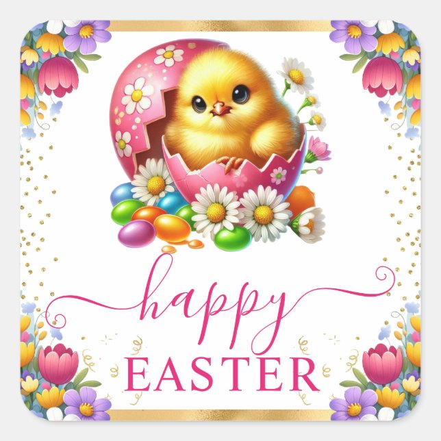 Watercolor Chick Spring Flowers Happy Easter Square Sticker (Front)