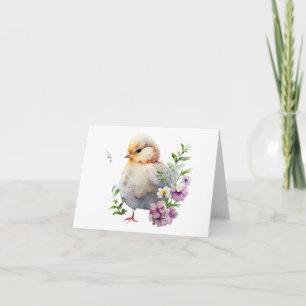 Watercolor Chick with Purple Flowers BLANK Card