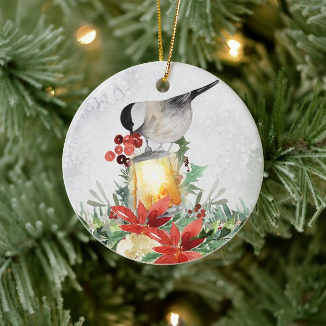 Watercolor Chickadee and Lantern Ceramic Ornament (Tree)