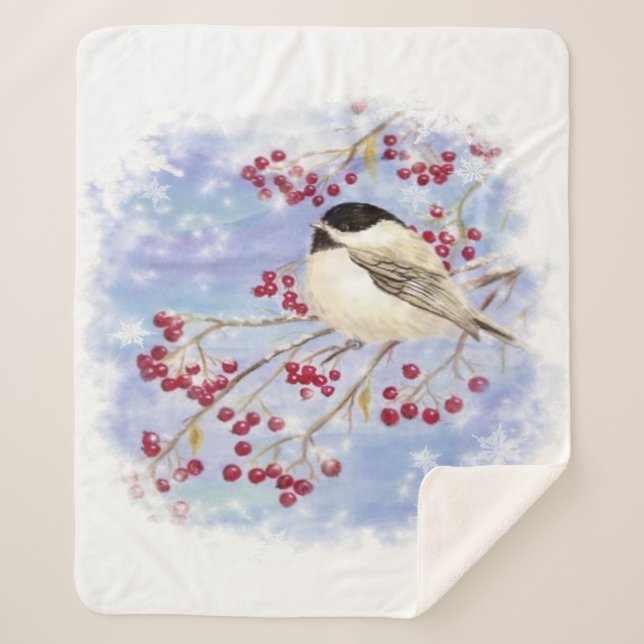 Watercolor Chickadee Berry Tree Winter Frost Bird Sherpa Blanket (Front)