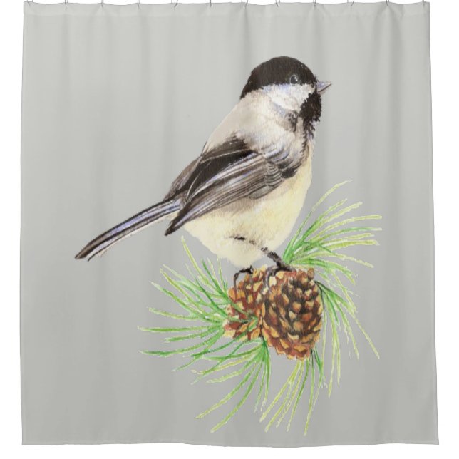 Watercolor Chickadee Bird Custom Background colour Shower Curtain (Front)