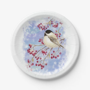 Watercolor Chickadee Bird Frosty Winter Snowflakes Paper Plate