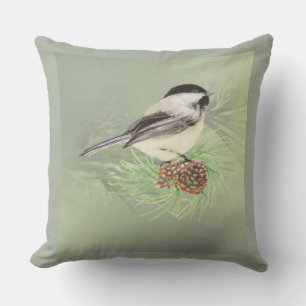 Watercolor Chickadee Bird in Pine Tree Nature art Outdoor Cushion
