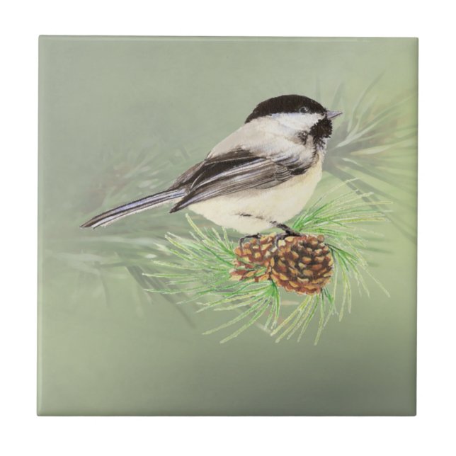 Watercolor Chickadee Bird in Pine Tree Nature art Tile (Front)
