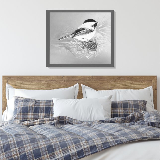 Watercolor Chickadee Bird Pine Cone Nature Art Canvas Print (Insitu(Bedroom))