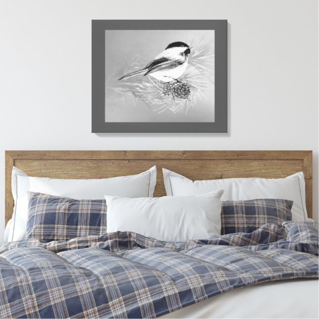 Watercolor Chickadee Bird Pine Cone Nature Art Canvas Print (Insitu(Bedroom))