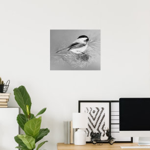 Watercolor Chickadee Bird Pine Cone Nature Art Poster