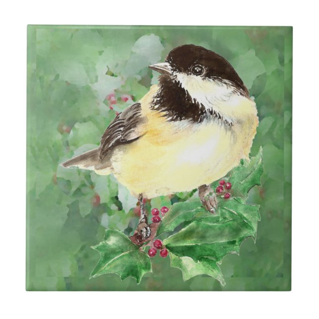 Watercolor Chickadee Bird Wildlife Art Tile (Front)
