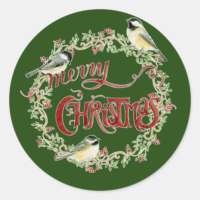 Watercolor Chickadee Birds Merry Christmas Wreath Classic Round Sticker (Front)