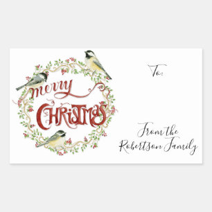 Watercolor Chickadee Birds Merry Christmas Wreath Rectangular Sticker