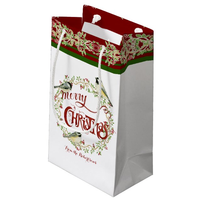 Watercolor Chickadee Birds Merry Christmas Wreath Small Gift Bag (Back Angled)
