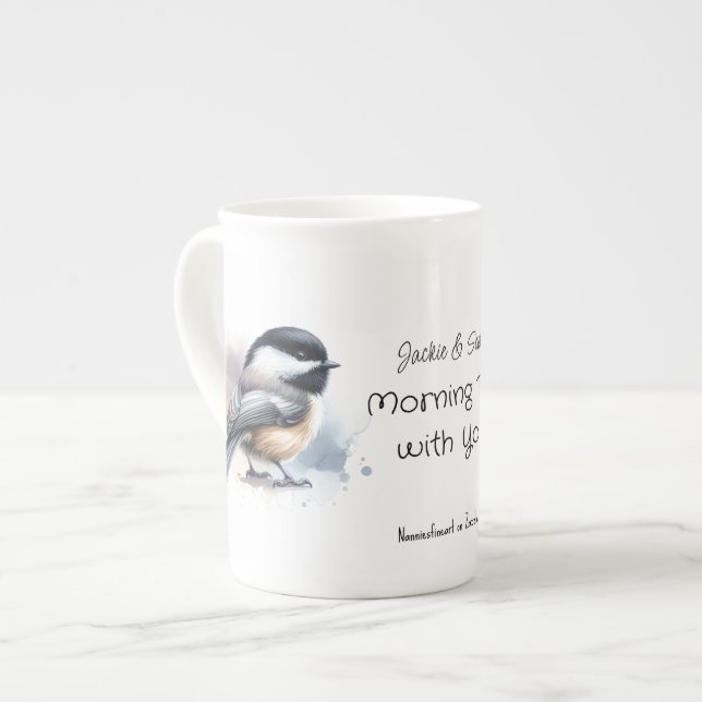 Watercolor Chickadee  Black/brown Personalise Bone China Mug (Front Left)