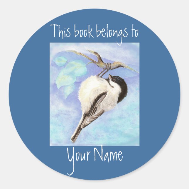 Watercolor Chickadee Book Plate Classic Round Sticker (Front)