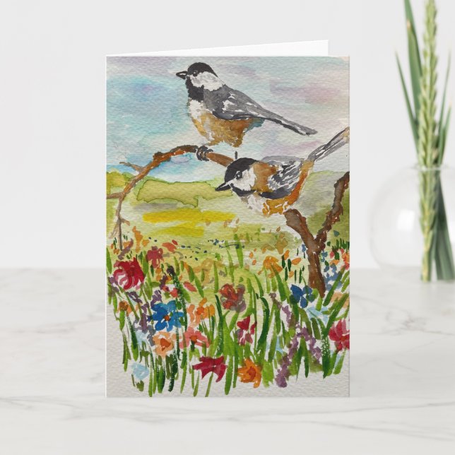 Watercolor Chickadee Pair Thank You Card (Front)