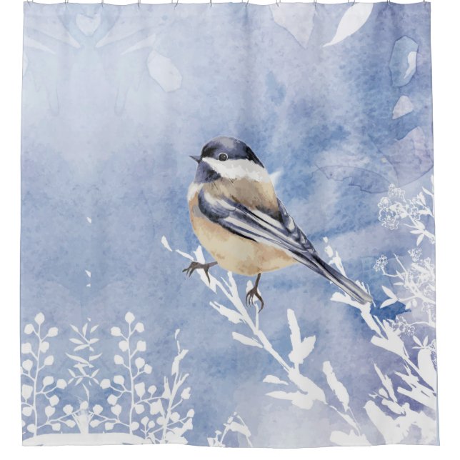 Watercolor Chickadee Winter Bird Wildlife Nature Shower Curtain (Front)
