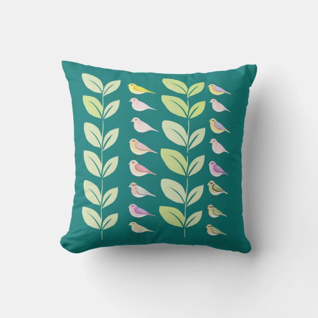 Watercolor Chickadees & Leaves Cushion (Front)