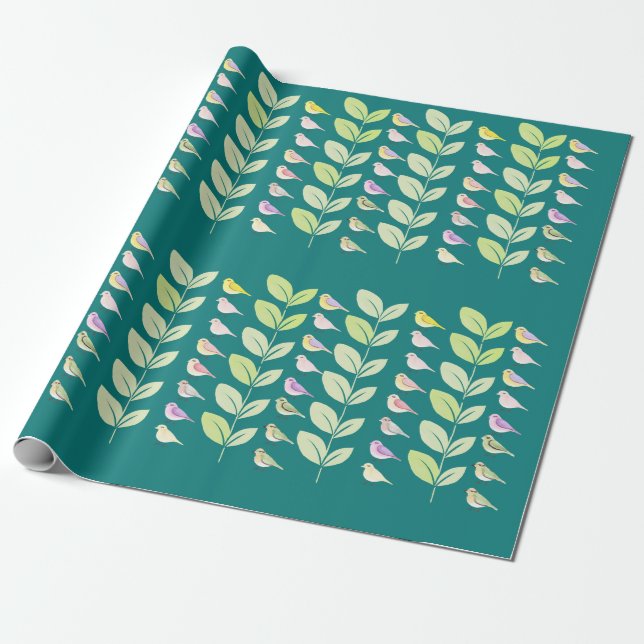 Watercolor Chickadees & Leaves Wrapping Paper (Unrolled)
