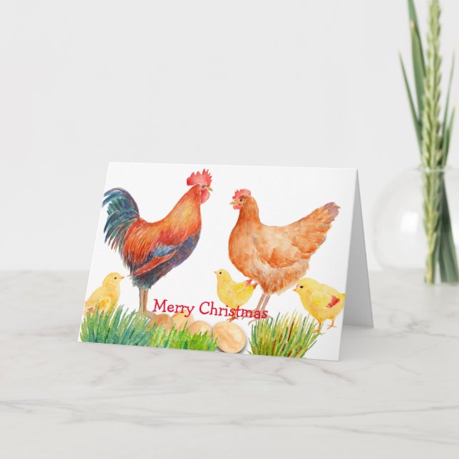 Watercolor Chicken Family Christmas Card (Front)