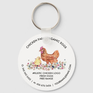 Watercolor Chicken Farm Logo Organic Fresh Eggs Key Ring