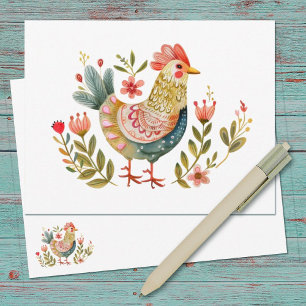 Watercolor Chicken Folk Art Stationery Card