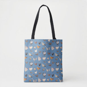 Watercolor Chicken Print on Denim Blue Tote Bag