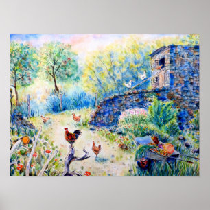 Watercolor Chickens and Hen House Poster