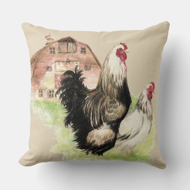 Watercolor Chickens Hen & Rooster Farm Birds Cushion (Front)