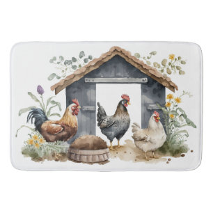 Watercolor Chickens in Coop Bath Mat