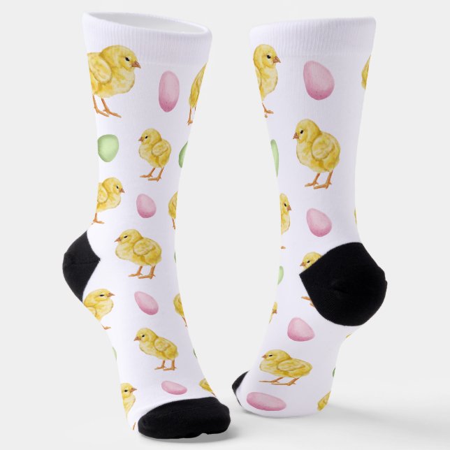 Watercolor Chicks And Pastel Easter Eggs Pattern Socks (Angled)