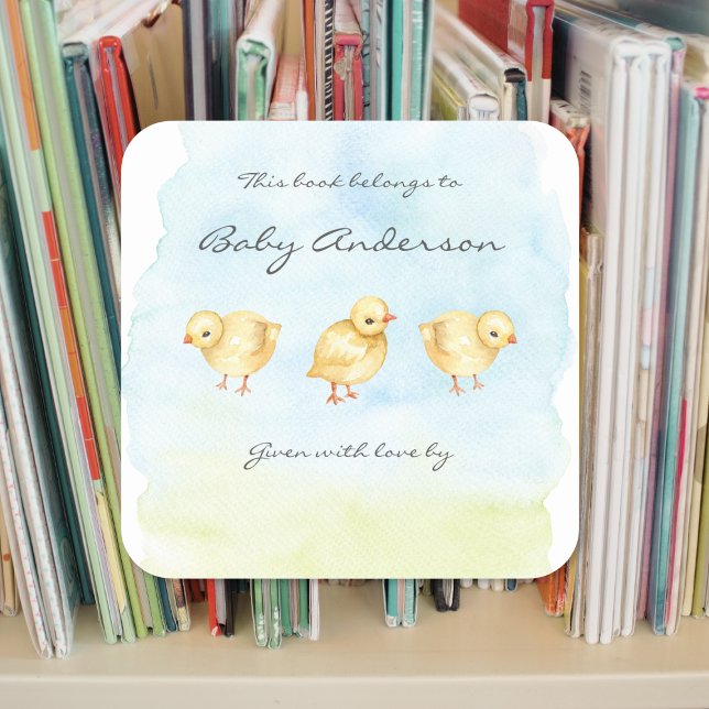 Watercolor chicks baby shower bookplate square sticker (Creator Uploaded)