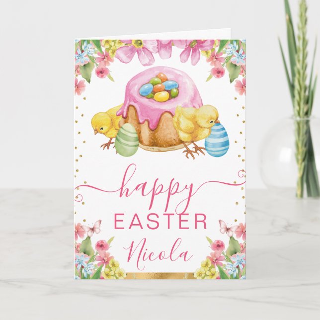 Watercolor Chicks Cake Spring Happy Easter Card (Front)