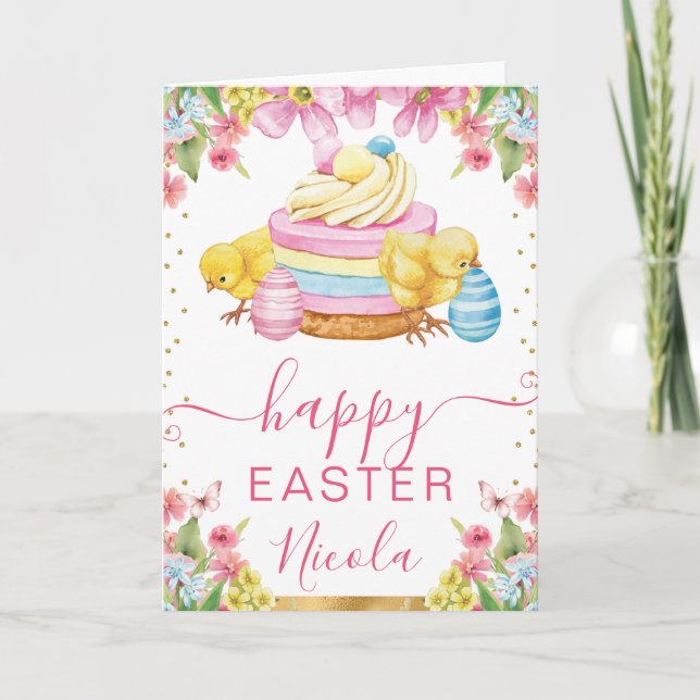 Watercolor Chicks Cake Spring Happy Easter Card (Front)