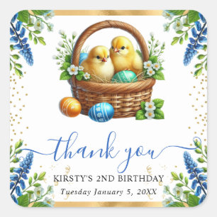 Watercolor Chicks Spring Flowers Birthday Square Sticker
