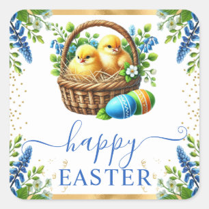 Watercolor Chicks Spring Flowers Happy Easter Square Sticker