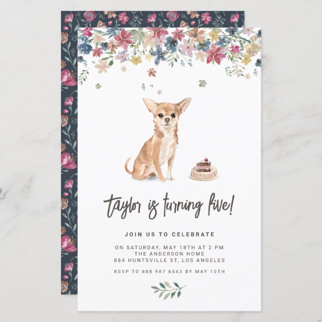 Watercolor Chihuahua Dog Birthday Invitation (Front/Back)