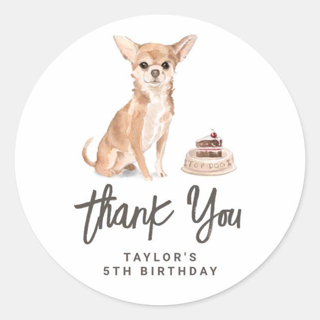 Watercolor Chihuahua Dog Birthday Thank You Classic Round Sticker (Front)
